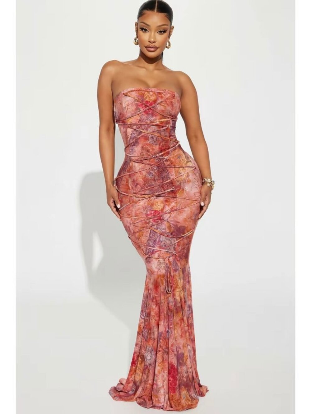 Fashion Nova Perla Lace Up Maxi Dress Multi Color Size L